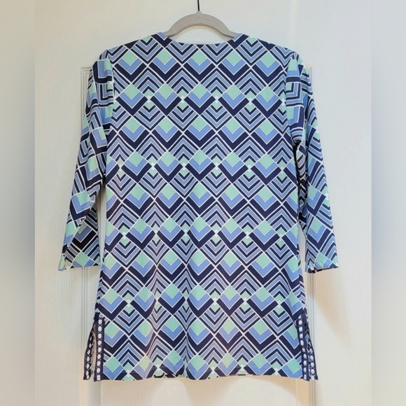 J. McLaughlin Catalina Cloth Tunic Top Women's Small Blue Green Split Neck Shirt - Picture 3 of 8